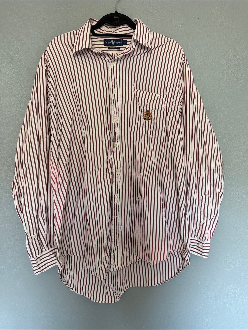 VTG Ralph Lauren Crest Striped Button Down Shirt Burgundy White Mens XL